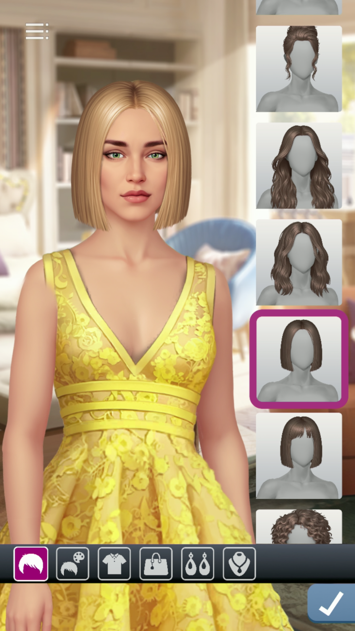 An in-game screenshot of a girl with a blonde bob haircut, with button options on the right hand side to change the style of haircut.