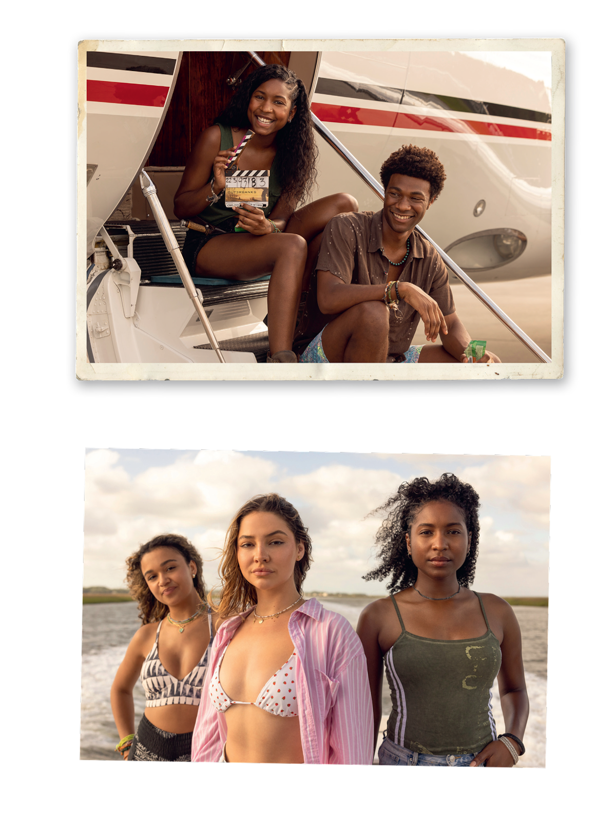 Two young adults smiling and sitting on steps of a boat, holding drinks; below, three young women in swimsuits stand together outdoors near water with a cloudy sky, looking at the camera.