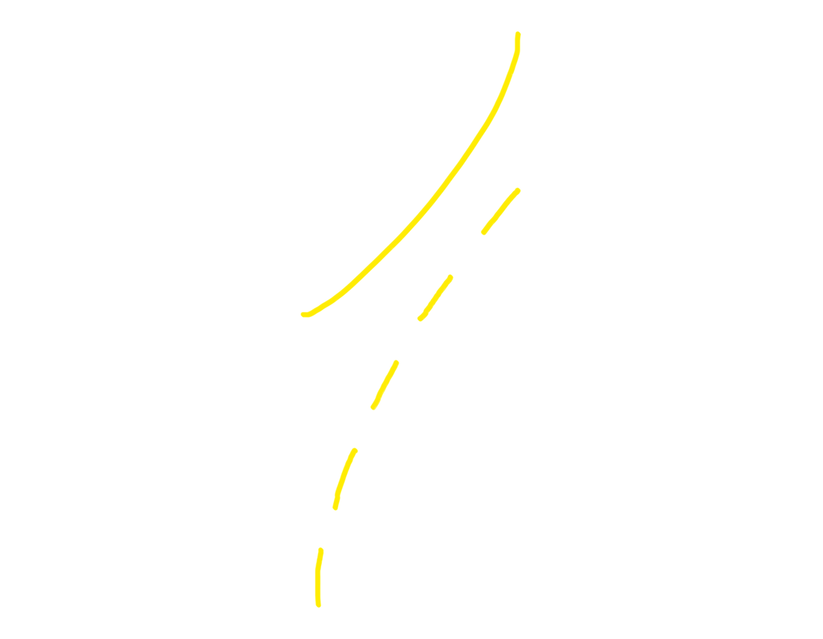 Curved yellow road lines on a black background, with one solid and one dashed line, representing a winding road or street in a simple, abstract graphic style.