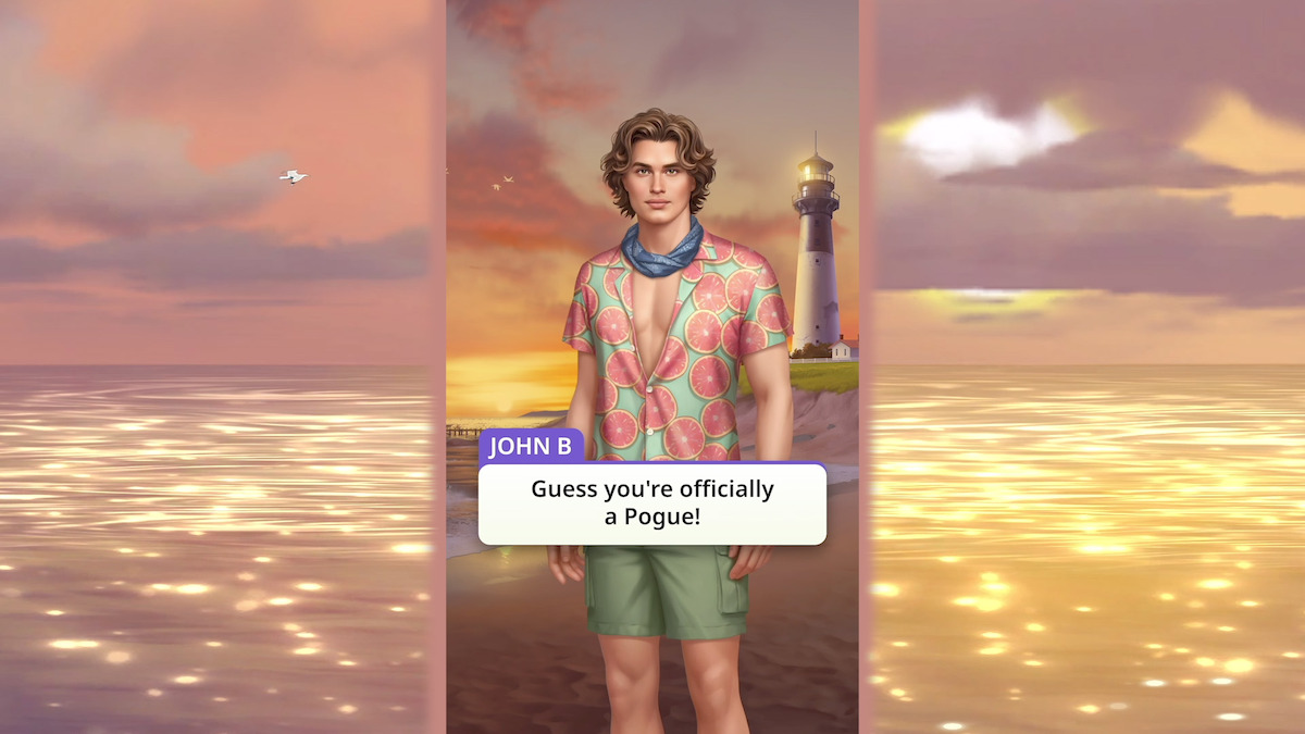 An in-game screenshot from the mobile game 'Netflix Stories: Outer Banks', featuring a game character named John B with the accompanying text: 