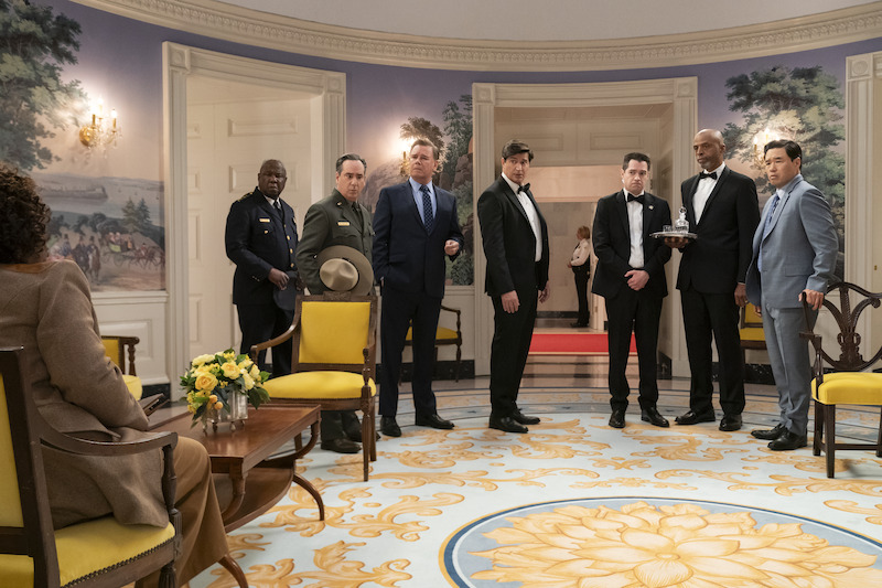 Uzo Aduba, Isiah Whitlock Jr., Andrew Friedman, Spencer Garrett, Ken Marino, Dan Perrault, Al Mitchell, Randall Park in episode 104 of 'The Residence'.
