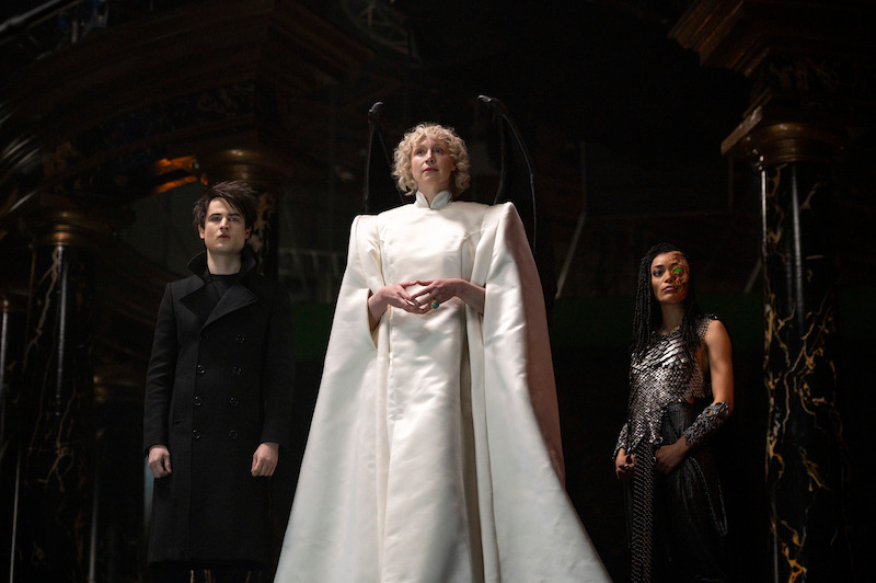 Morpheus (Tom Sturridge), Lucifer (Gwendoline Christie) and Makizeen (Cassie Clare) pose on the set of Hell.