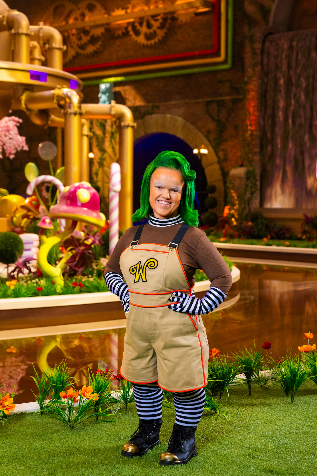 A person with green hair in a whimsical candy factory setting, wearing a brown shirt, striped sleeves, tan overalls with a "W" logo, striped socks, and boots, standing on grass with colorful plants, pipes, and a waterfall in the background.