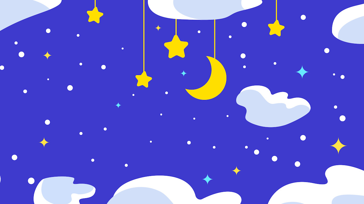 Illustration of a night sky with hanging yellow stars and crescent moon, surrounded by white clouds and small stars, set on a deep blue background.