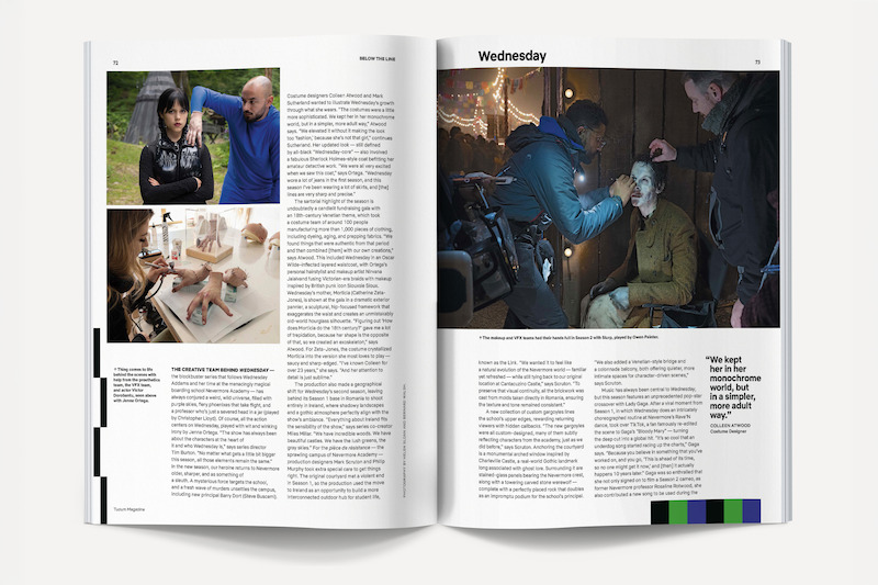 Magazine spread with photos of people on set, behind-the-scenes makeup application, puppet design, and a crew preparing an actor with prosthetics; the environment appears to be a film or TV production workspace.