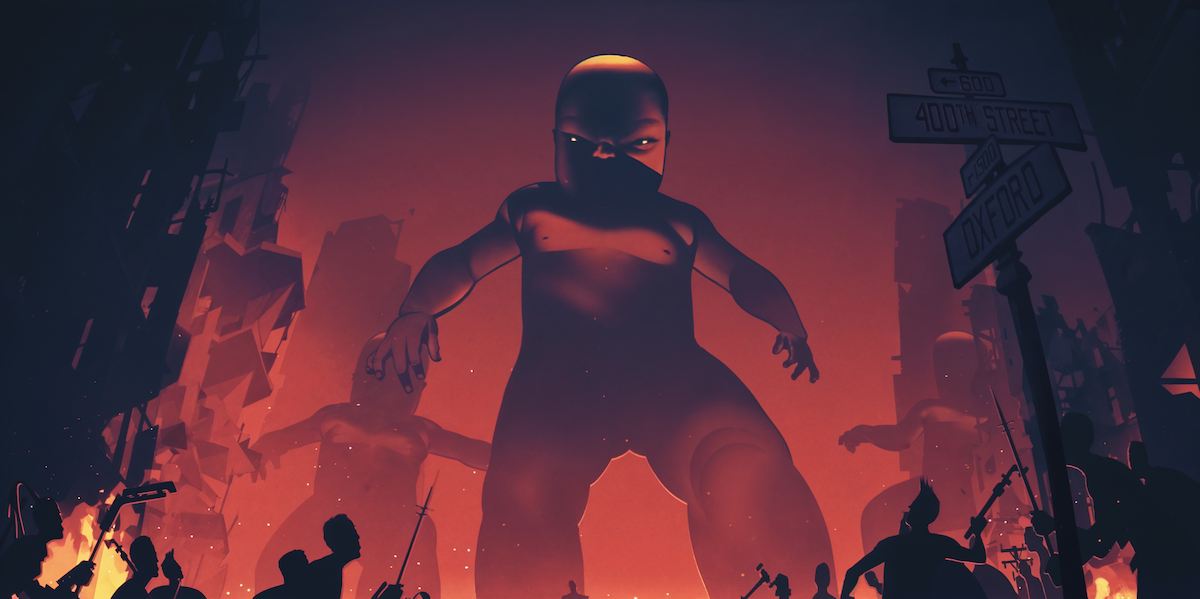 Animated still of a giant baby towering over a city street in the episode “400 Boys” from ‘Love, Death + Robots’ Volume 4