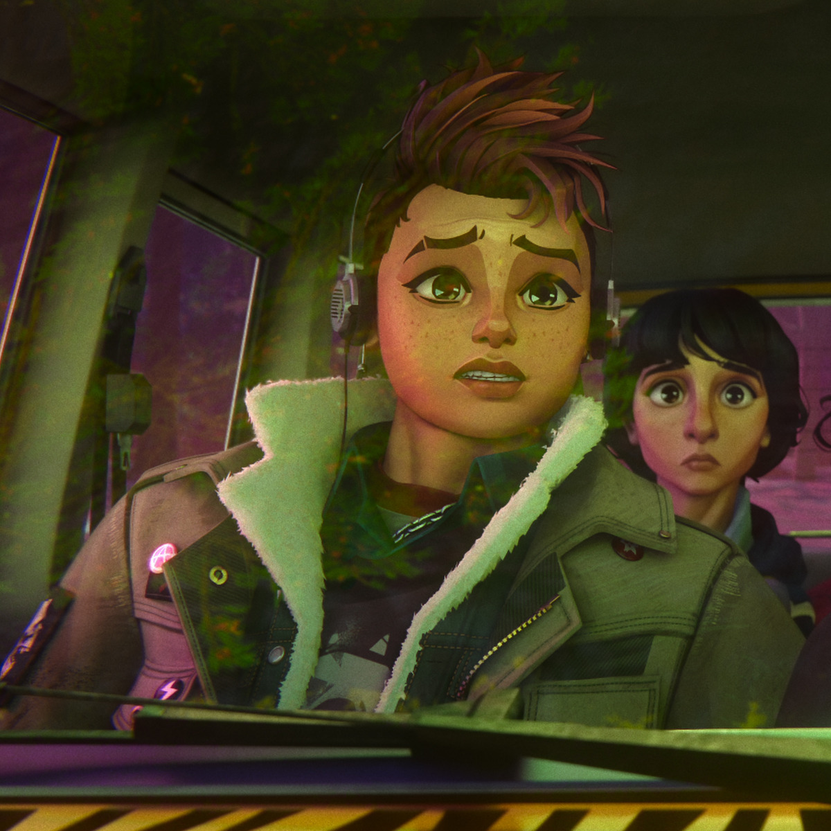 Two animated characters with worried expressions sit in a vehicle. The person in front wears headphones and a green jacket with a shearling collar; the passenger behind also looks concerned. The scene is set inside a car with tinted windows.