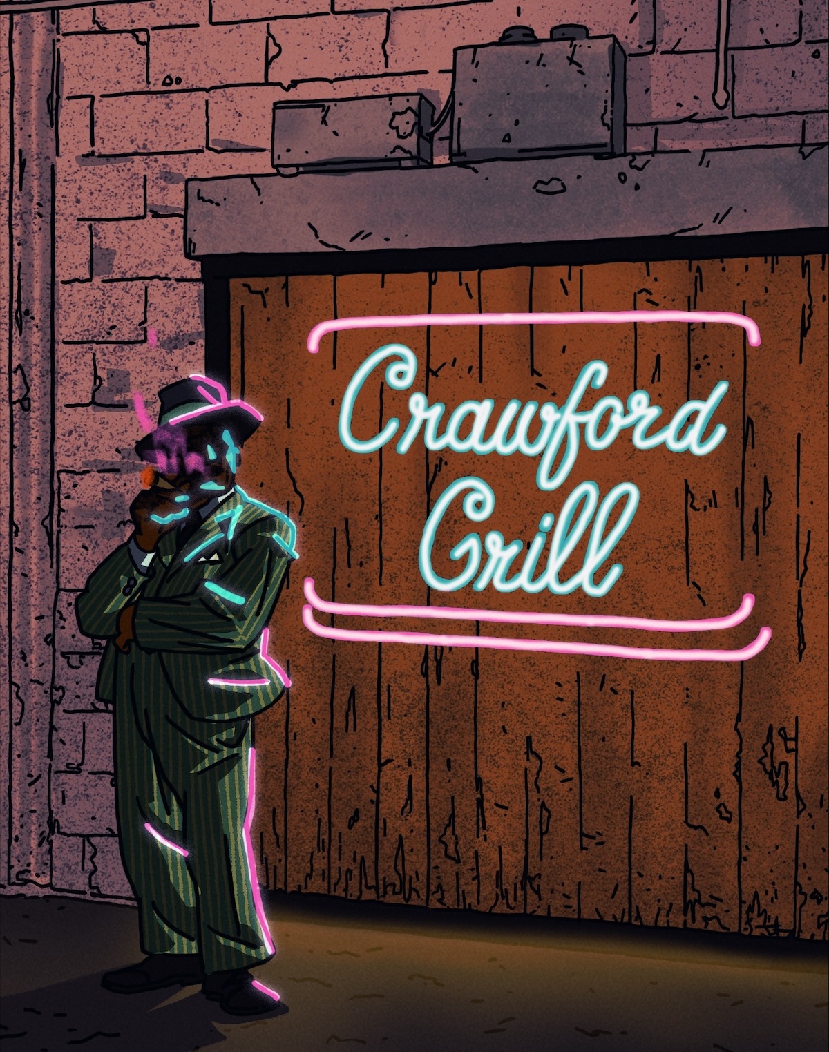 Outside the Crawford Grill, famed Pittsburgh Hill District jazz club. A man in a pinstripe suit smokes a cigar, backlit by a blue and pink neon sign.