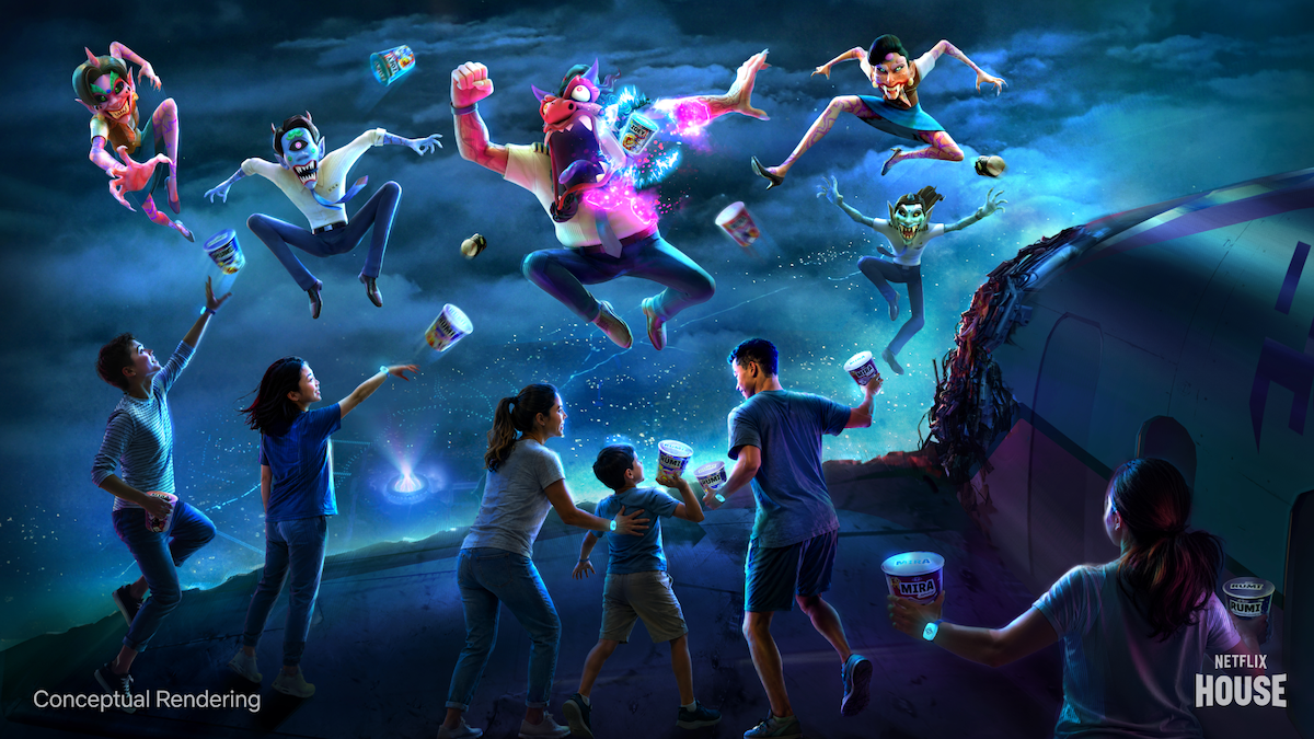 People holding glowing buckets interact excitedly with floating animated characters in a glowing, sci-fi environment near a damaged spaceship under a stormy sky. Concept art with dynamic action and vivid blue lighting.