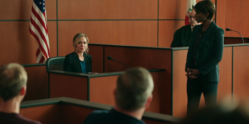 Zibby Allen as Brie, John Prowse, and Miranda Edwards as Ivy Richardson in a courtroom in Season 5 of ‘Virgin River.’