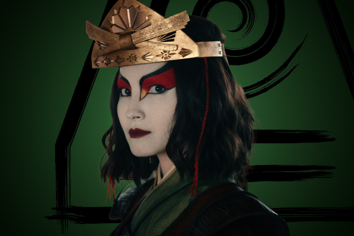 Maria Zhang as Suki wears white and red makeup in Season 1 of ‘Avatar: The Last Airbender’