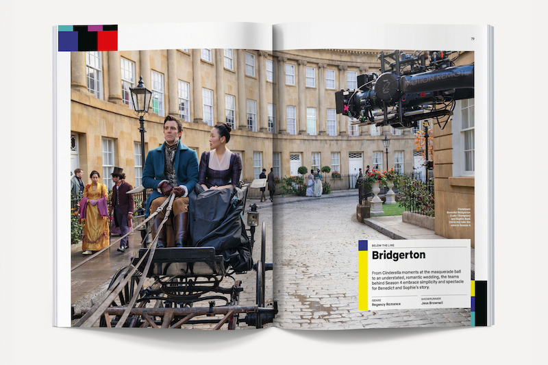 Actors in period costumes sit in a horse-drawn carriage on a cobblestone street set with historic buildings; film crew and camera equipment visible, suggesting a behind-the-scenes look at filming a historical drama series.