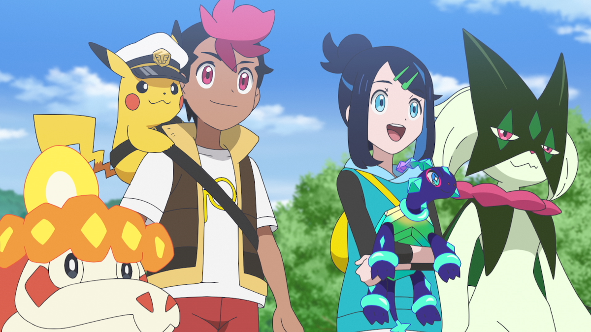 Two animated characters with colorful hair stand outdoors with four Pokémon, including Pikachu and other creatures, in a bright, green, forest-like environment under a blue sky. They appear happy and ready for adventure.