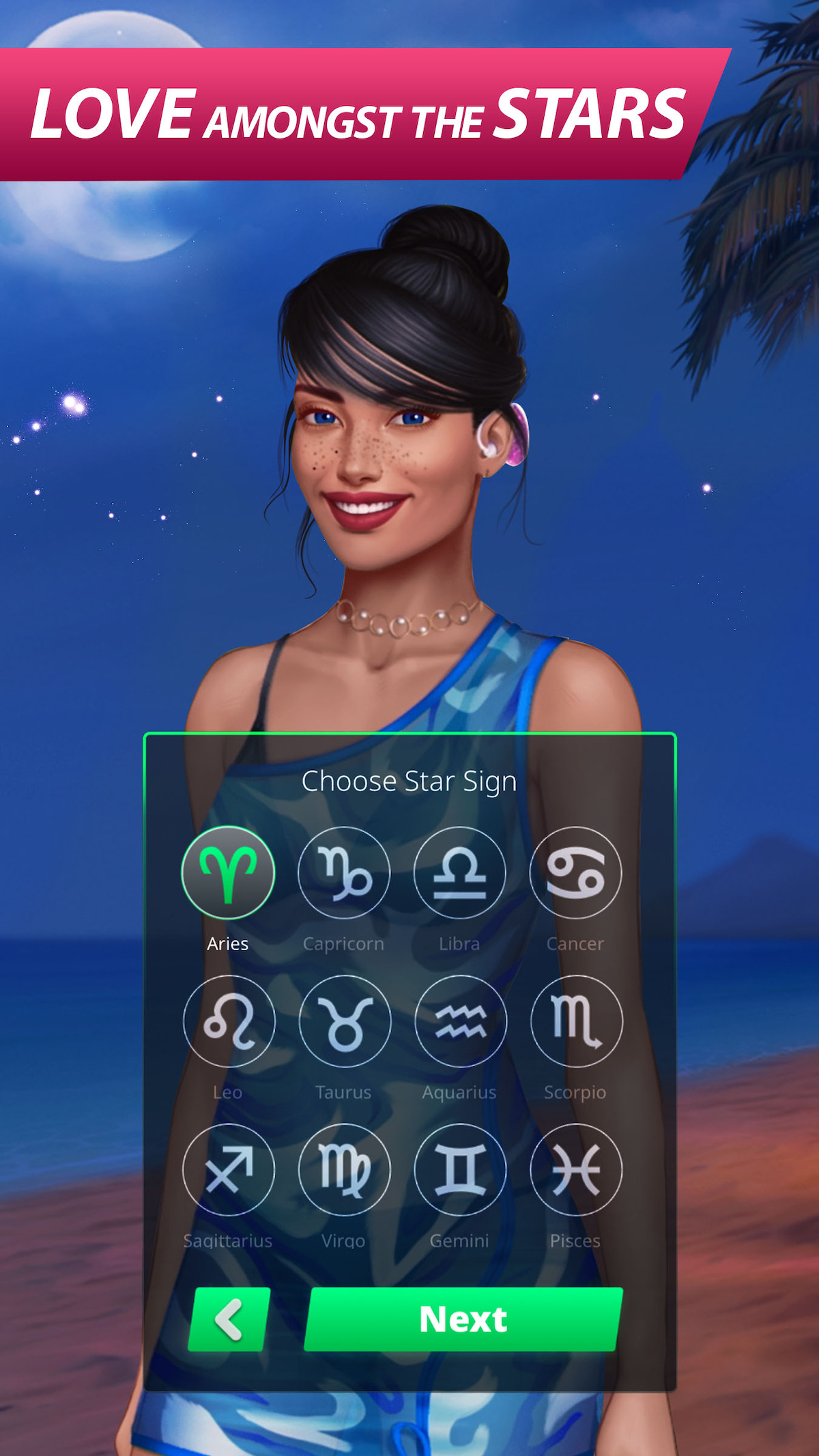 A female game character with a zodiac chart below, displaying the 12 astrological signs in button form. At the top of the image reads the text, “Love amongst the stars.”