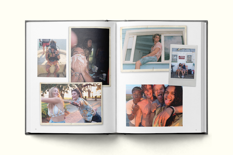 Open photo album displaying snapshots of young friends having fun, laughing, and posing outdoors and indoors, including group selfies and candid moments in various casual settings.