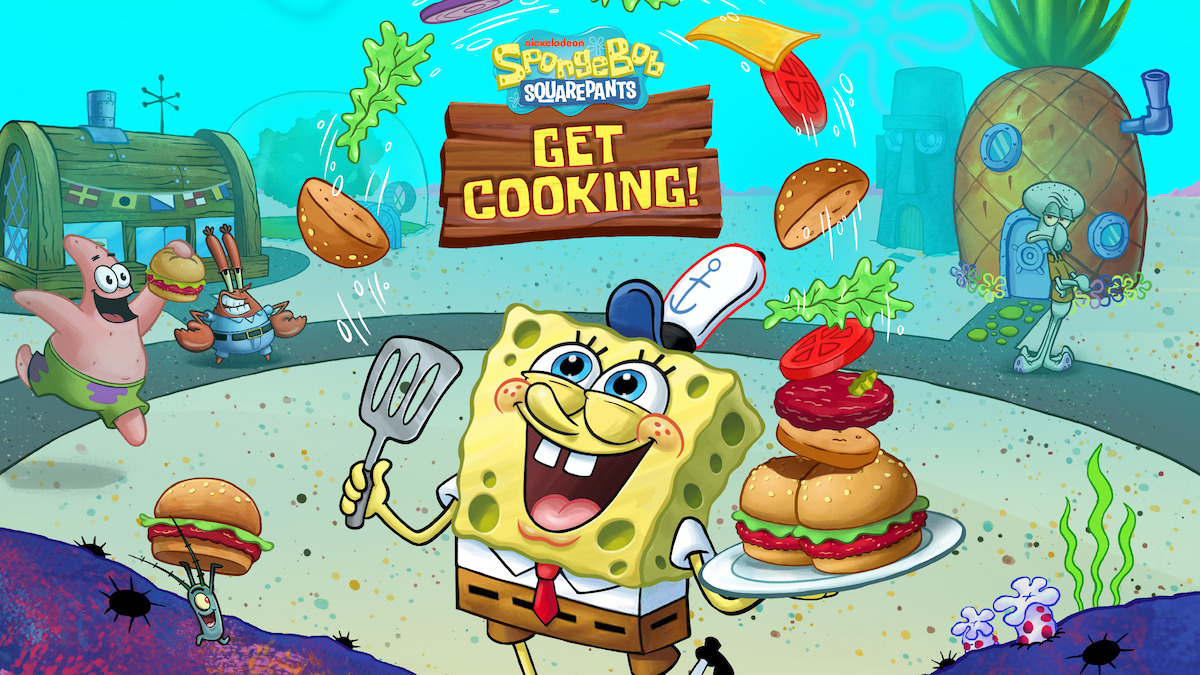 Game art of ‘Spongebob: Get Cooking’ Spongebob holding a krabby patty with a big grin