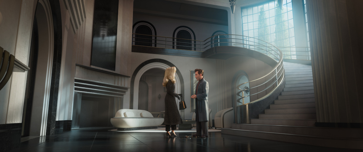 Two people stand in conversation in a grand modern interior with high ceilings, large windows, a sweeping staircase, and elegant minimalist furnishings, sunlight streaming through the window illuminating the scene.