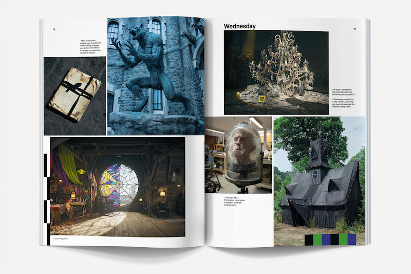 Collage of images from a gothic-themed show: a wrapped book, werewolf statue, stained glass room, shattered chandelier, head in a jar, and spooky black house, all in detailed, moody settings.