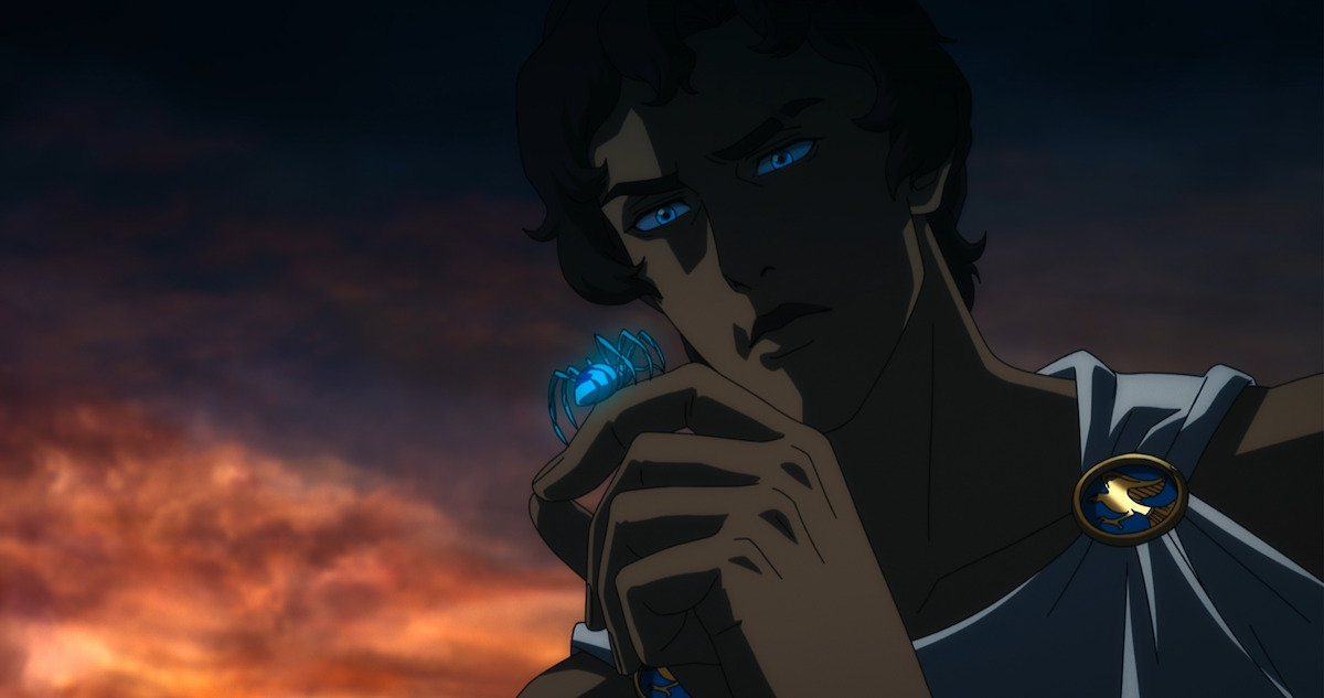 Animated man with blue eyes looking at a shining blue object.