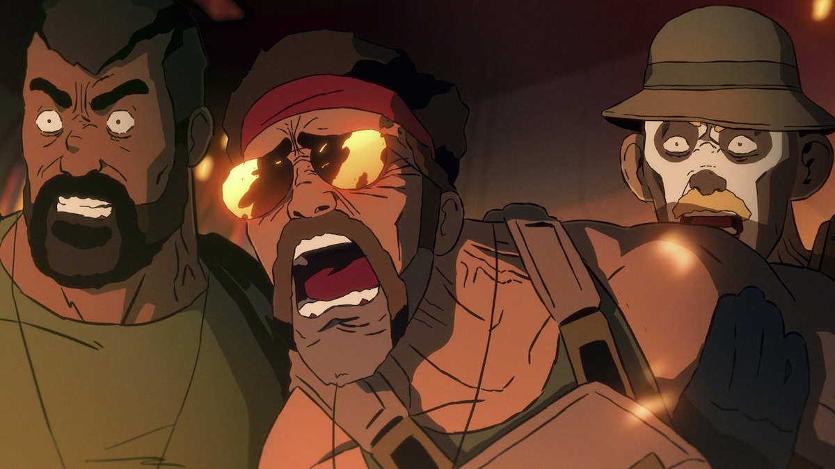 Three soldiers show fearful expressions in “Kill Team Kill” from ‘Love, Death, + Robots’ Volume 4