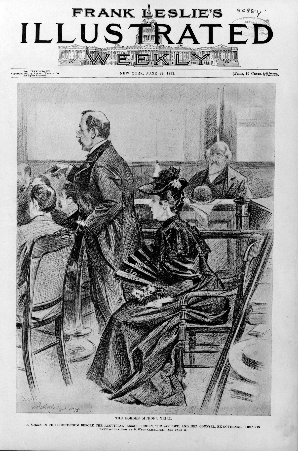 Courtroom scene showing a woman, likely the accused, seated in Victorian dress with her attorney beside her. Other people, including a judge and spectators, are present. The setting is formal and somber, typical of a 19th-century trial.