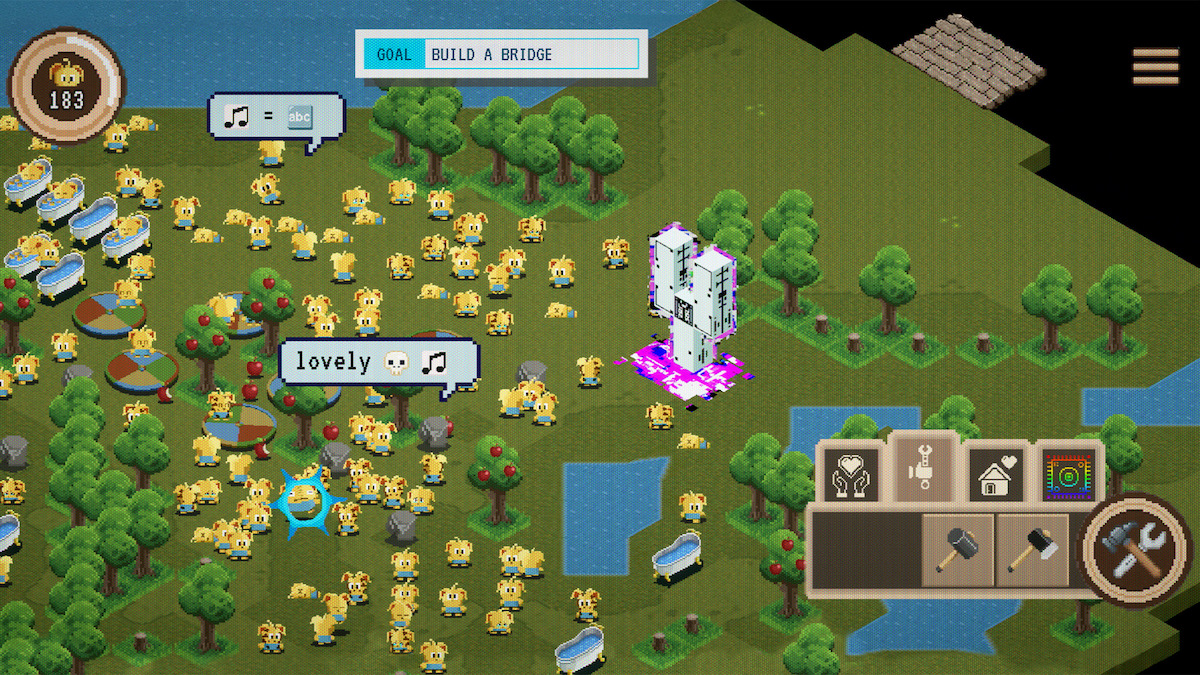 A pixel art game screen shows many yellow creatures, trees, and a glowing white structure. The goal is “Build a Bridge,” and speech bubbles show musical notes, words, and symbols.