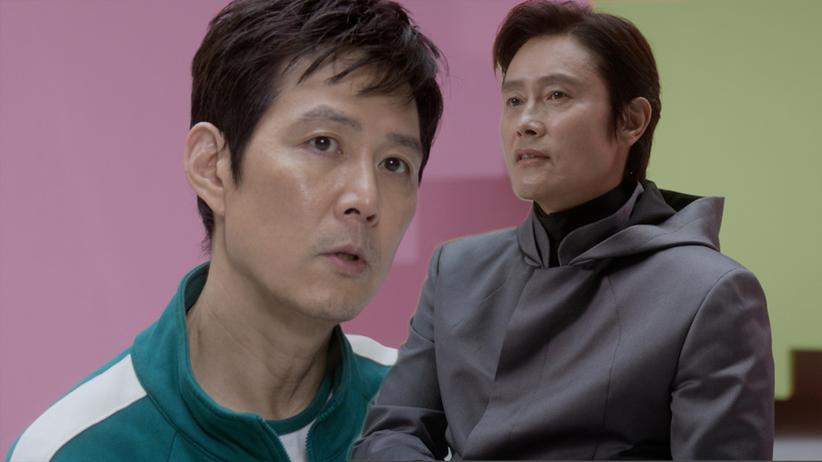 Split screen of Lee Jung-jae as Seong Gi-hun and Lee Byung-hun as front man from Season 2 of 'Squid Game'