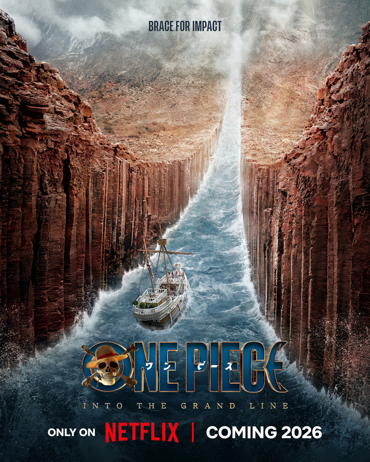 Key Art for ‘ONE PIECE’ Season 2 featuring a ship sailing up Reverse Mountain.