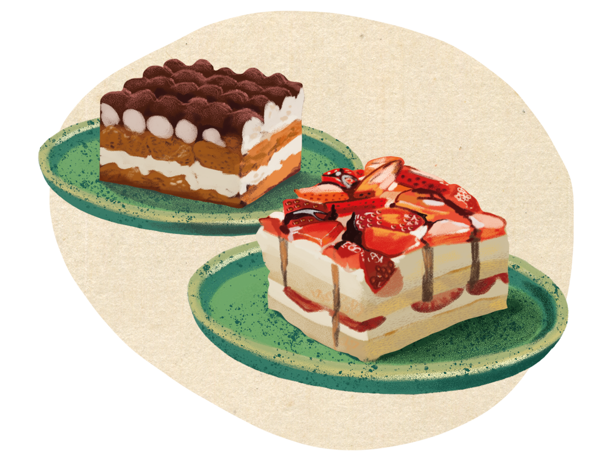 Illustration of two layered dessert cakes on green plates — one topped with cocoa powder and cream, the other topped with sliced strawberries and strawberry sauce — set against a textured cream background.