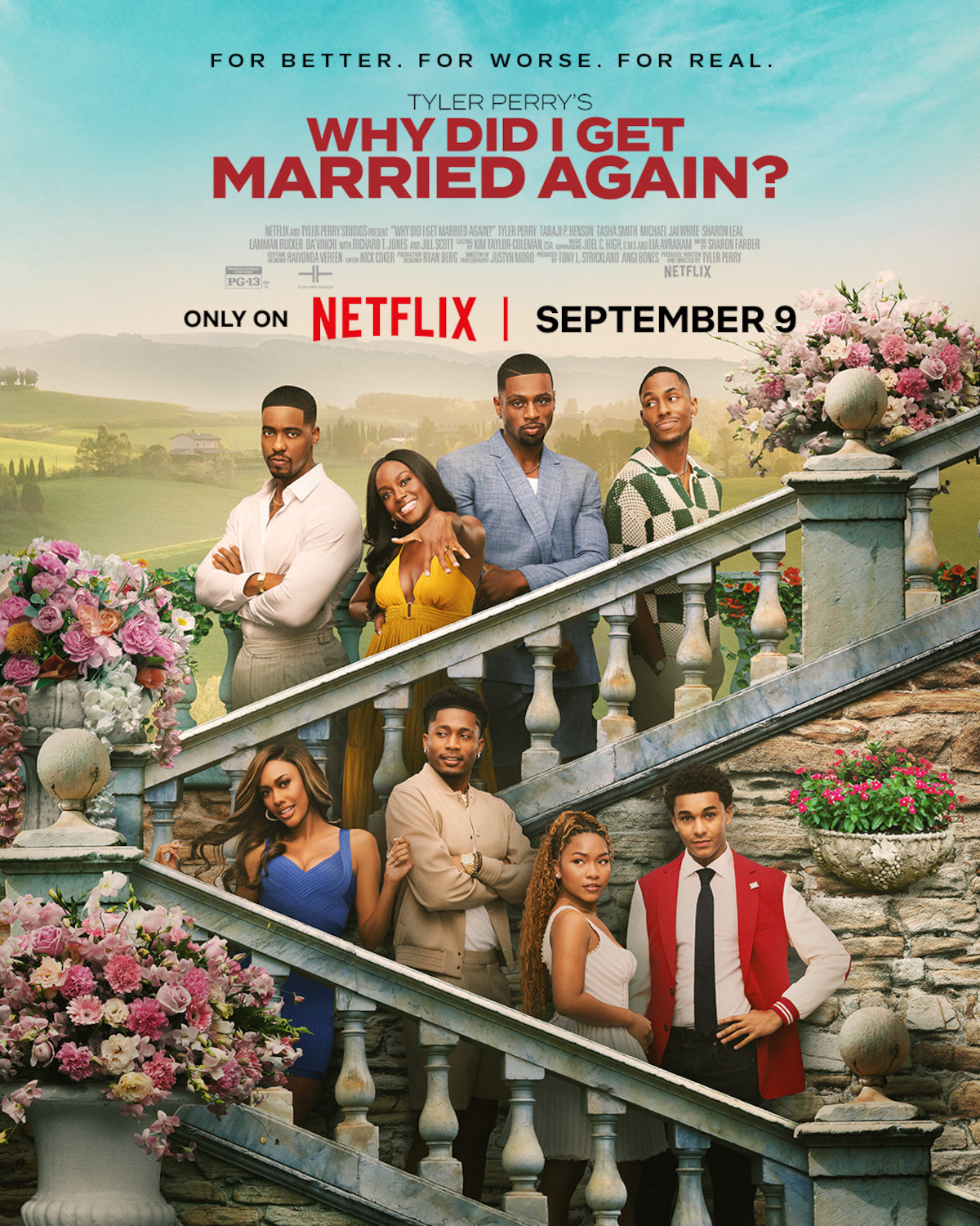 Eight people posing on a grand outdoor staircase decorated with flowers, with a scenic countryside background and text promoting "Tyler Perry's Why Did I Get Married Again?" on Netflix, premiering September 9.