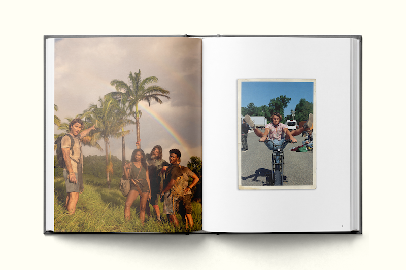 Group of young people posing in tropical grass under palm trees with a rainbow, and a photo of a person riding a bicycle on a sunny street, featured in an open photo book.