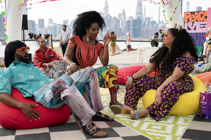 Tone Bell as Khalil, Tasha Smith as Marley, and Michelle Buteau as Mavis in 'Survival of the Thickest' Season 2.