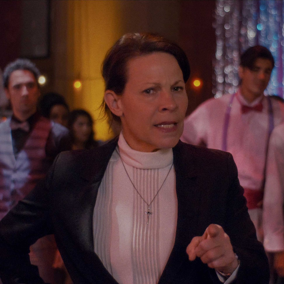 Lili Taylor as VP Dolores Brekenridge, Damian Romeo as Judd, Ryan Rosery as Chad and David Iacono as Tyler Torres in ‘Fear Street: Prom Queen.’