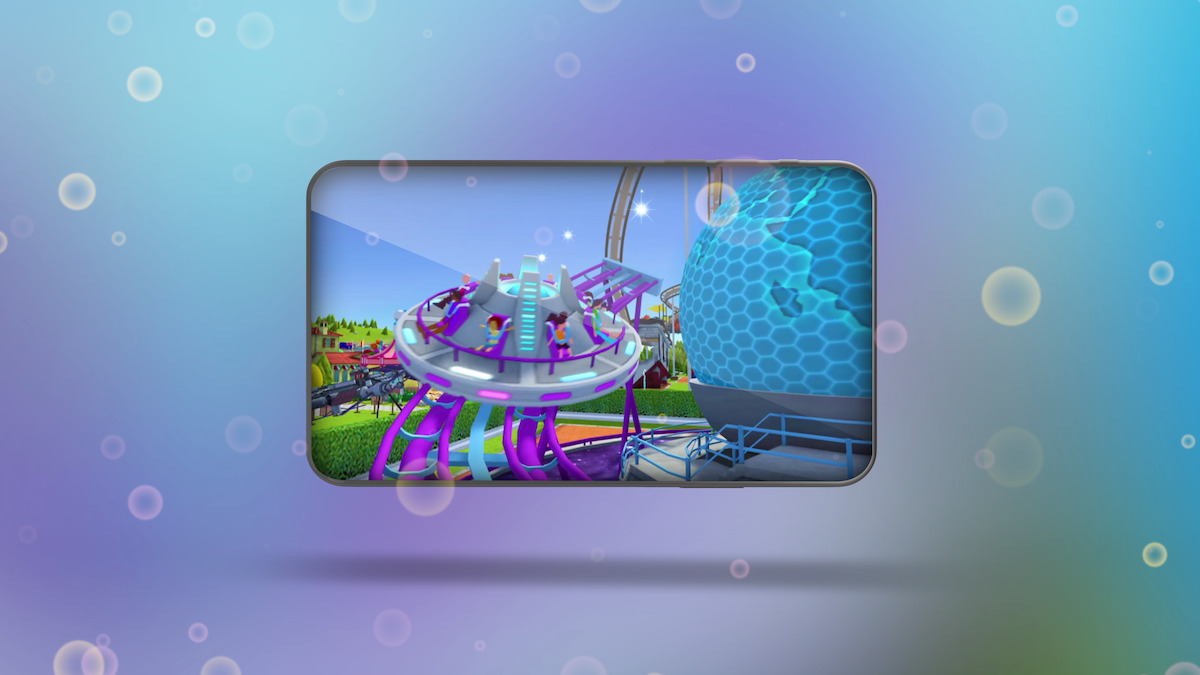 An in-game screenshot from the mobile game ‘Rollercoaster Tycoon Touch,’ featuring an amusement park ride, embedded within a floating phone screen