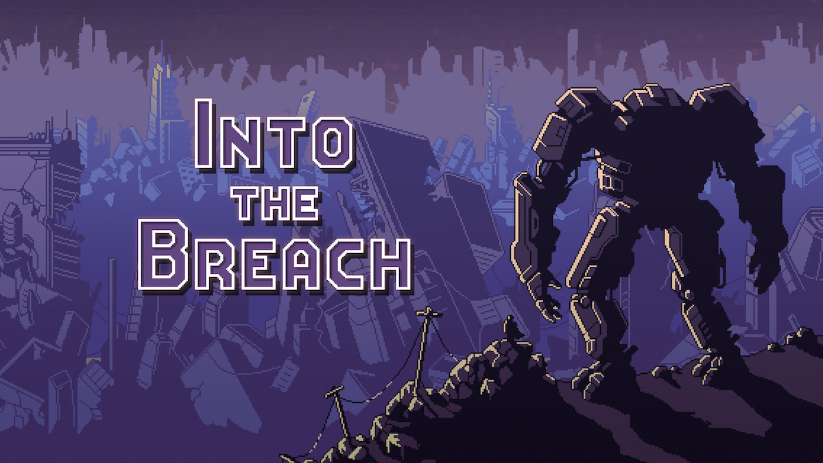 Into the Breach key art - a robot looking over a devastated futiristic looking city.
