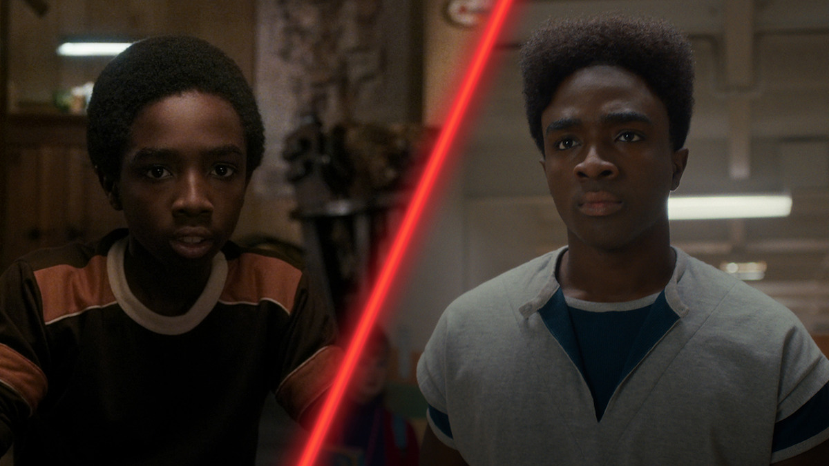 Diptych of Caleb McLaughlin as Lucas Sinclair in ‘Stranger Things’ Season 1 and Season 5.