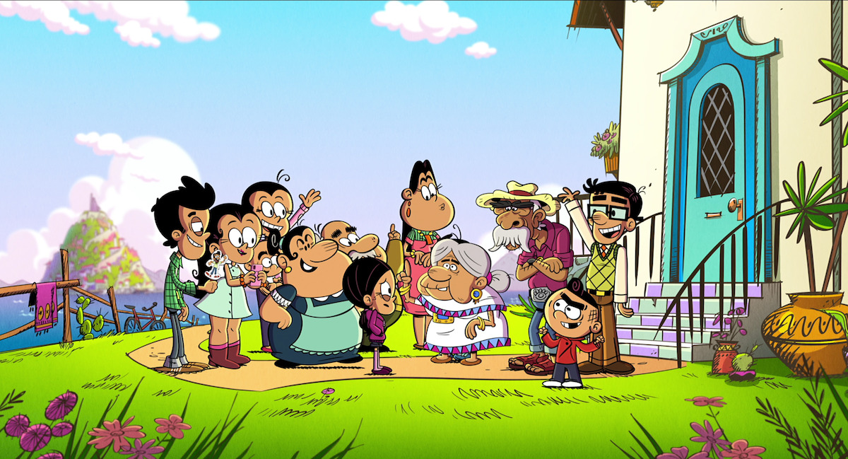 Ronnie Anne stands with her large family outside of a home in Mexico in an image from the animated film ‘The Casagrandes Movie.’