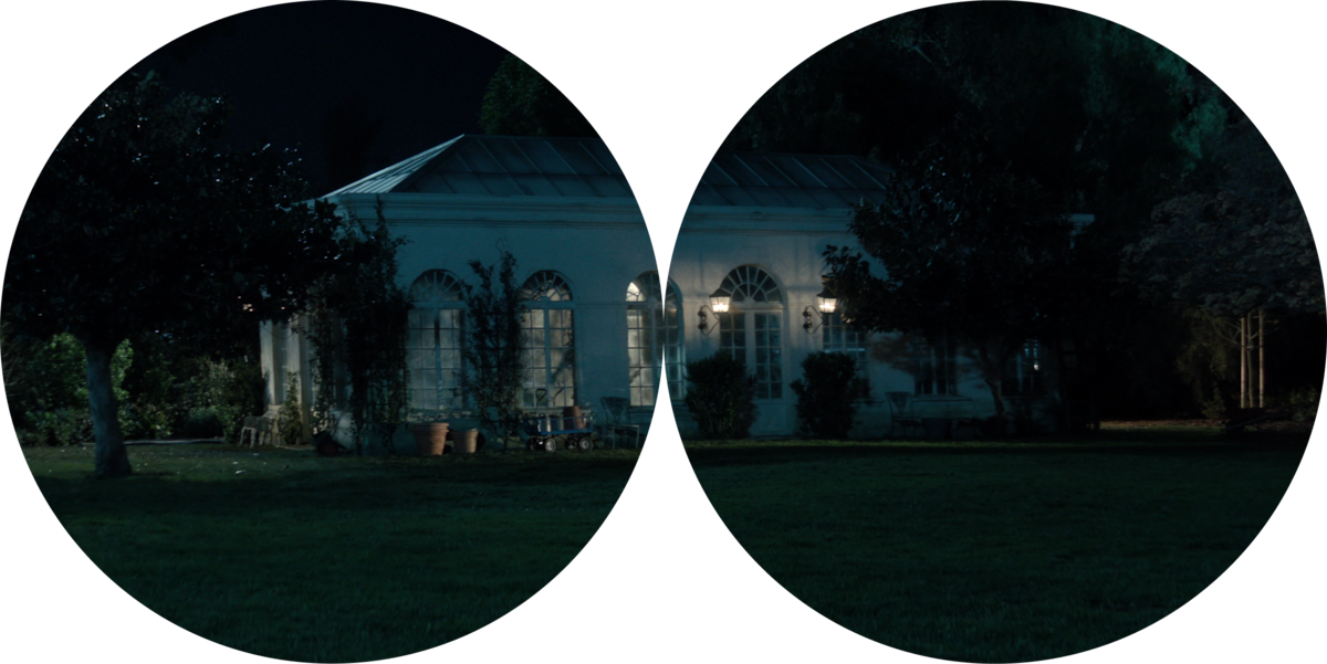 The garden shed shown through binocular lens.