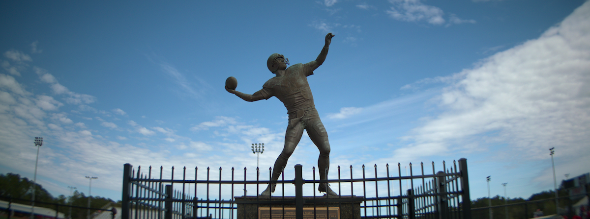 Brett Favre statue at Hancock High School in Kiln, Mississippi.