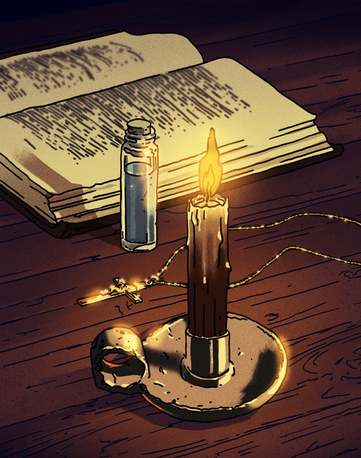 A Bible, holy water, cross, and candle sit on a brown wood table.
