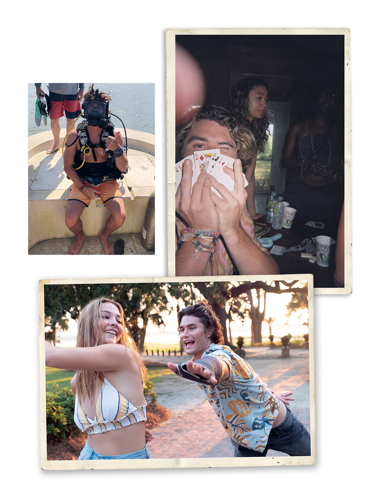Three candid photos: someone in scuba gear on a boat, friends playing cards indoors, and a smiling pair dancing outdoors at sunset near trees and water, all appearing to enjoy casual, playful moments together.