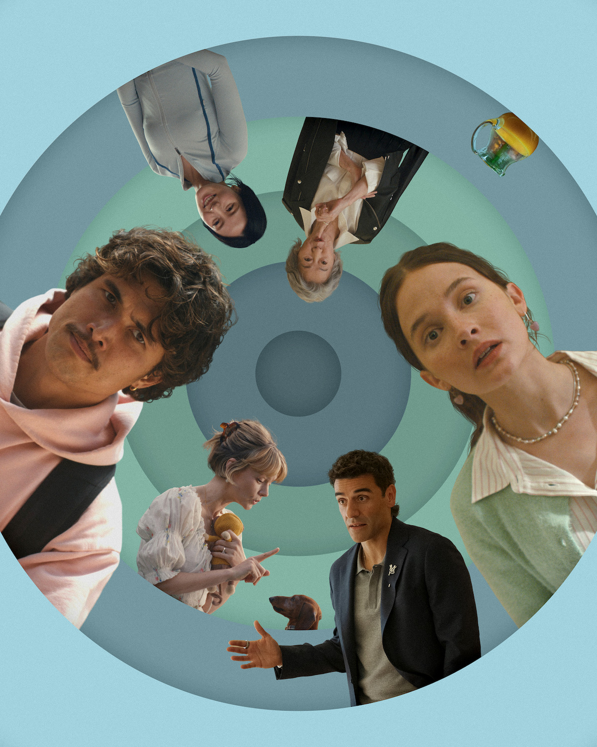 A photo illustration visualizing the vortex of beefs of Austin (Charles Melton) and Ashely (Cailee Spaeny) in BEEF Season 2 featuring Seoyeon Jang as Eunice, Youn Yuh-jung as Chairwoman Park, a pitcher of tainted orange juice, Oscar Isaac as Josh, and Carey Mulligan as Lindsay with Burberry.