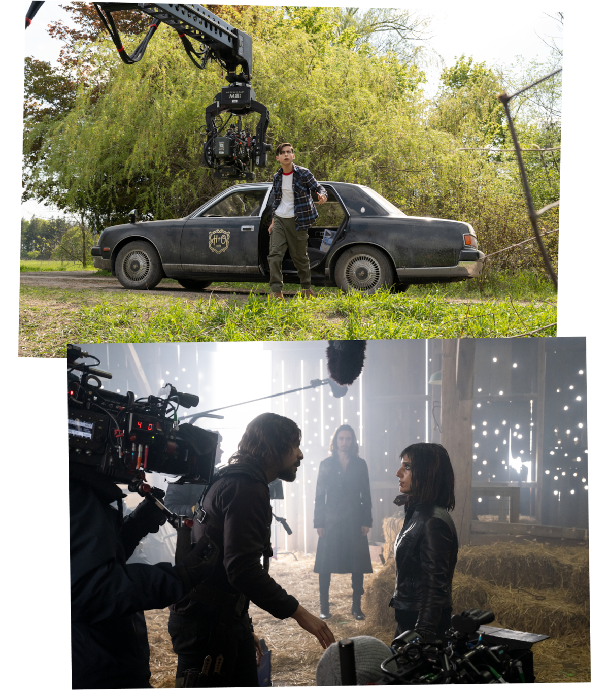 Aidan Gallagher as Number Five, David Castañeda as Diego Hargreeves, Robert Sheehan as Klaus Hargreeves and Ritu Arya as Lila Pitts from the series “The Umbrella Academy” pose backstage during production.