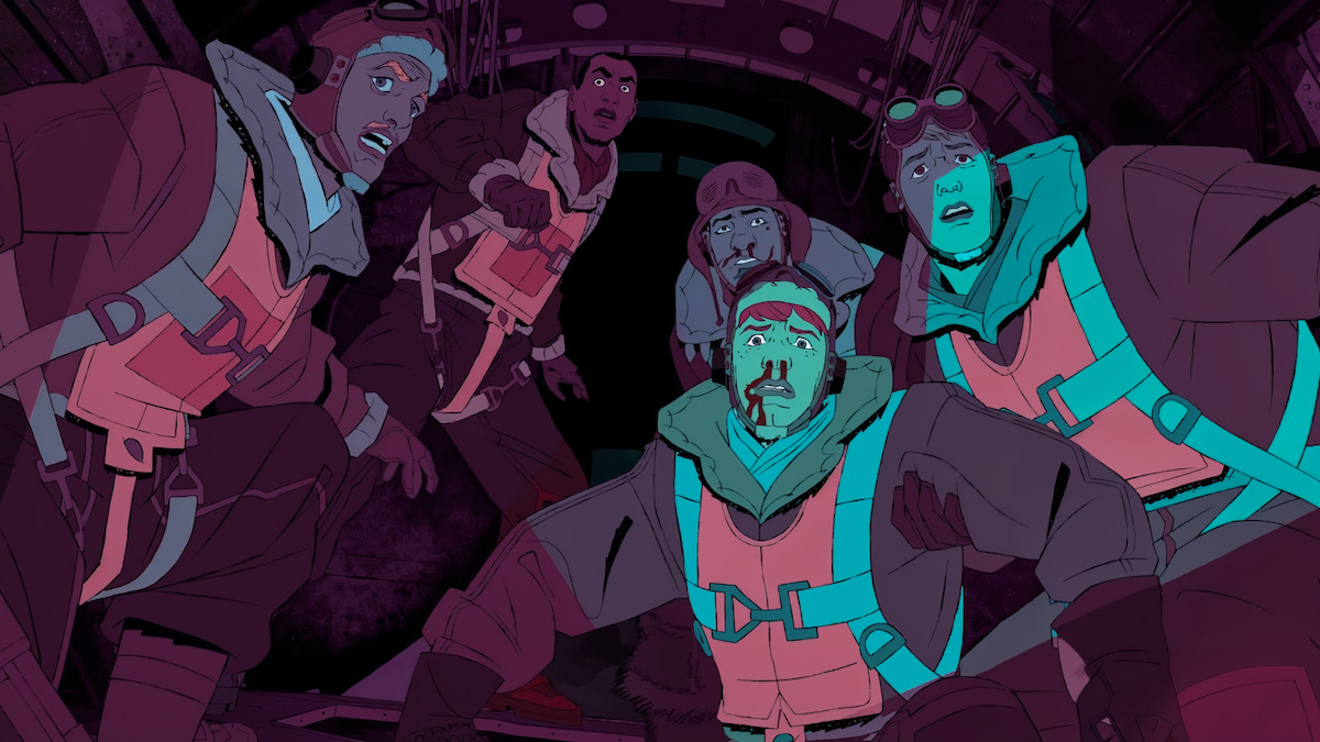 A group of soliders show fearful expressions in “How Zeke Got Religion” from ‘Love, Death, + Robots’ Volume 4