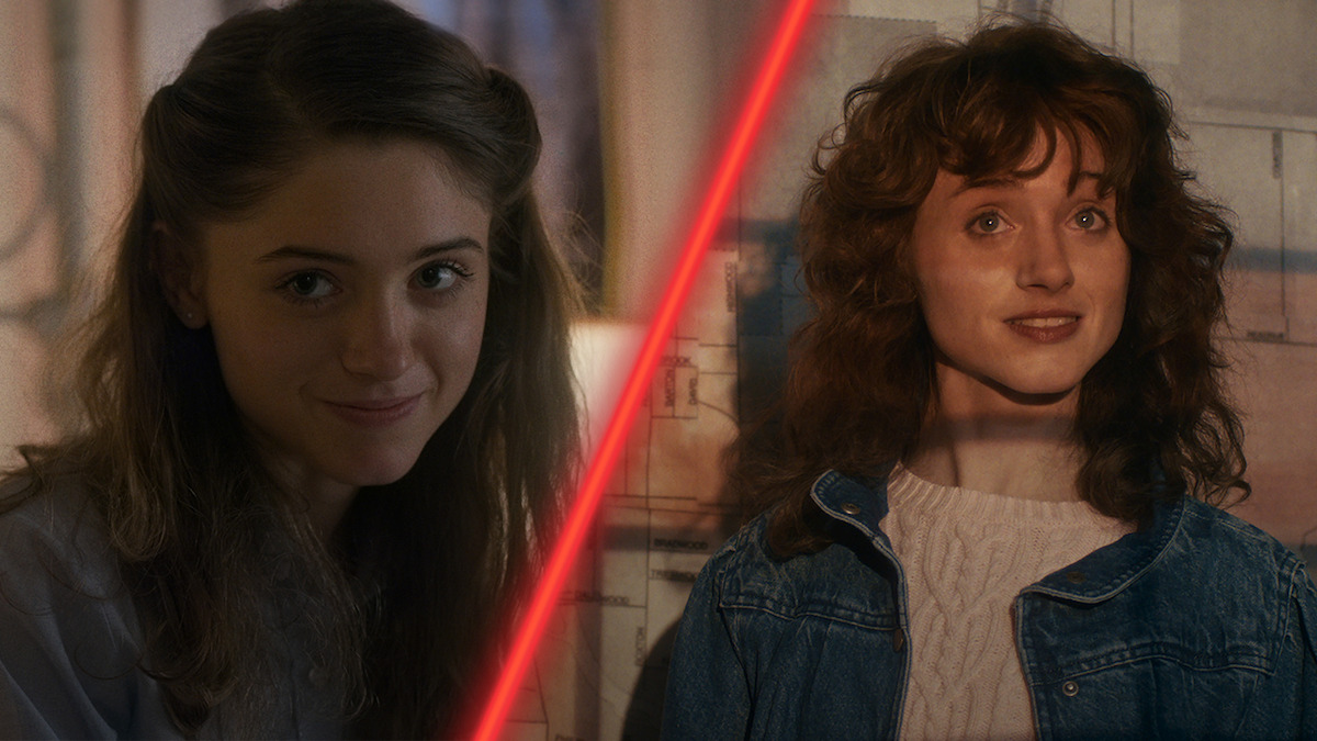 Diptych of Natalia Dyer as Nancy Wheeler in ‘Stranger Things’ Season 1 and Season 5.