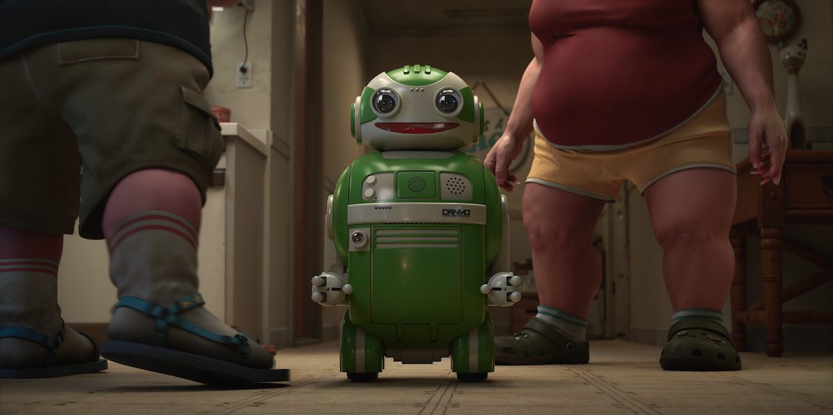 Animated still of a cheery green robot in the episode “The Other Large Thing” from ‘Love, Death + Robots’ Volume 4