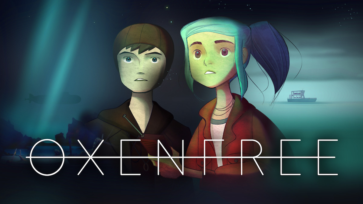 Oxenfree game art - two people staring off into the distance with the word ‘Oxenfree’ on the lower half.
