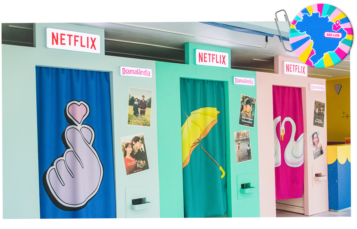 Stand da campanha ‘Dramalândia’, da Netflix, com títulos de K-drama