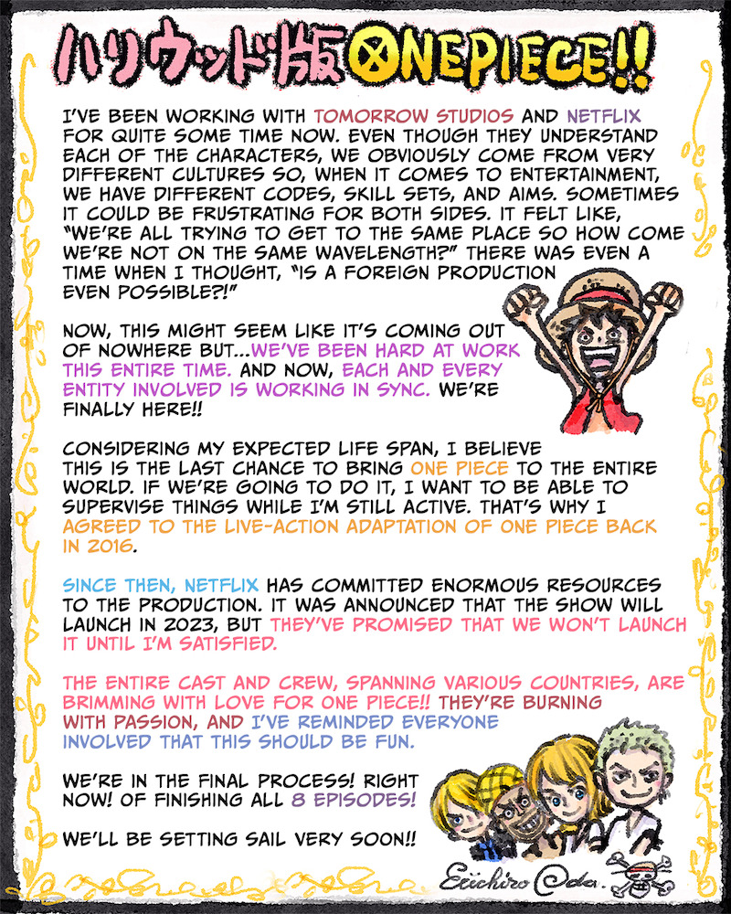 One Piece Oda letter to fans.