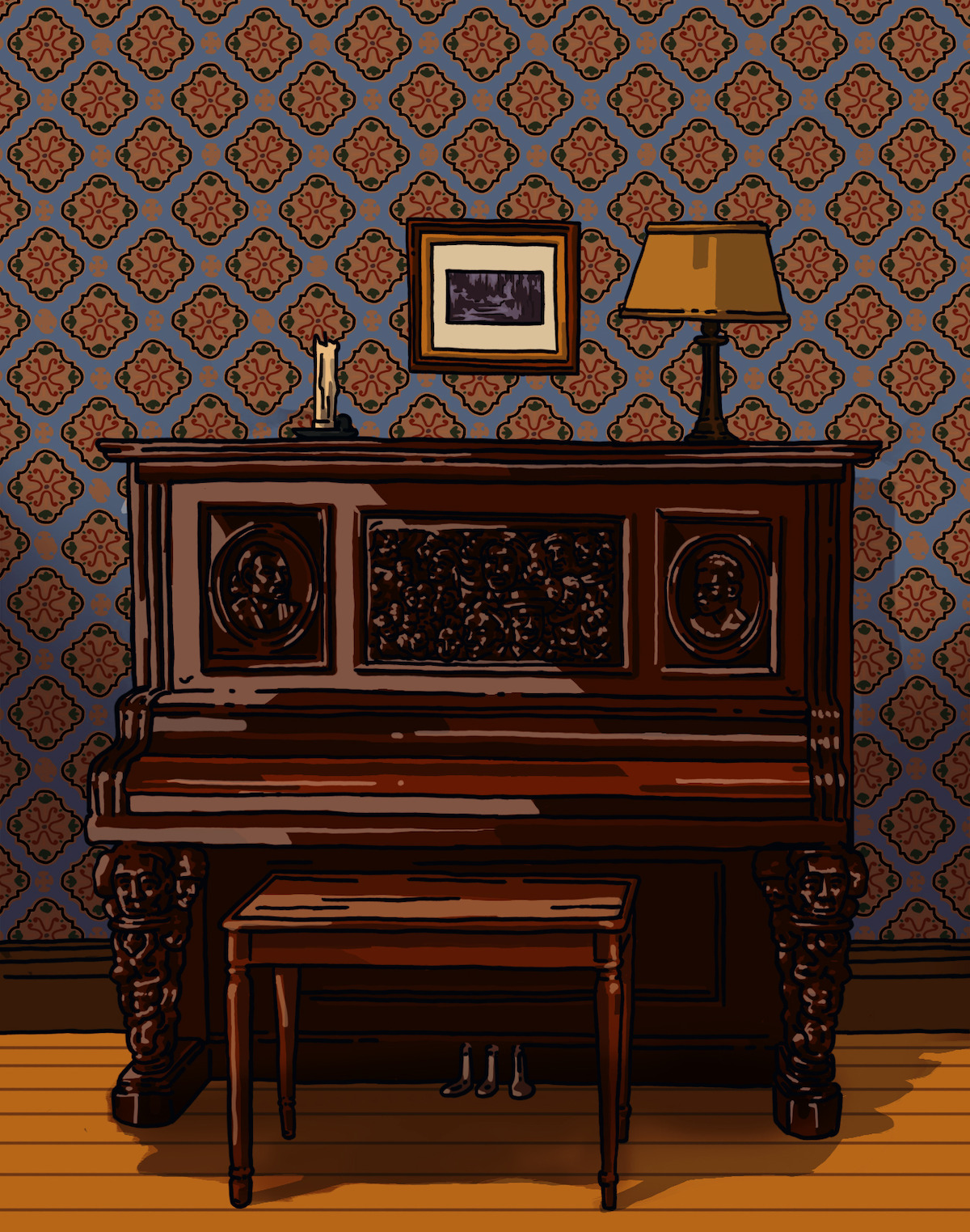 The Charles’s piano, carved with likenesses of their ancestors who were enslaved, sits in a living room a